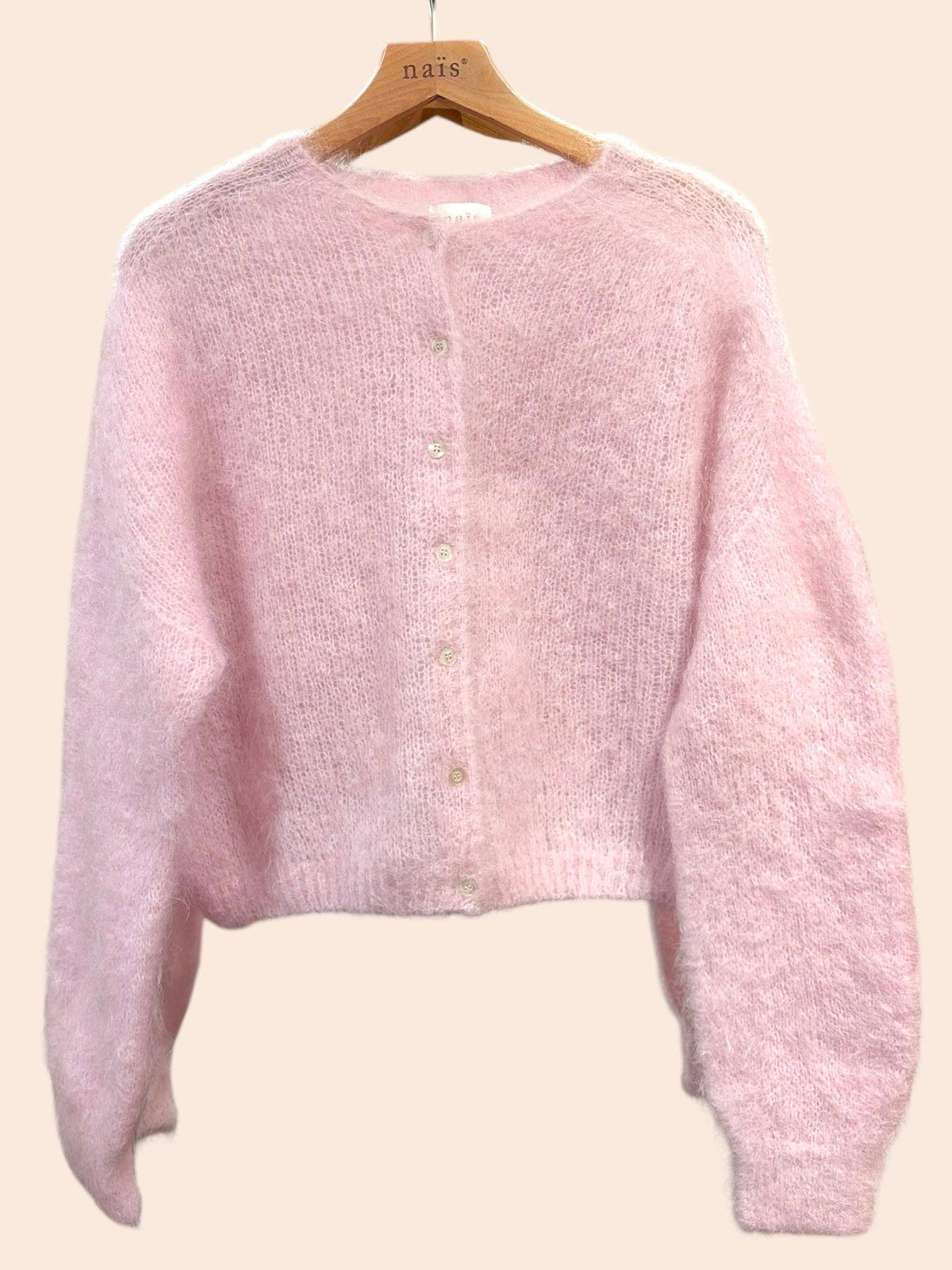 Nais Korte cardigan met ronde hals en lange mouwen, 80% kidmohair